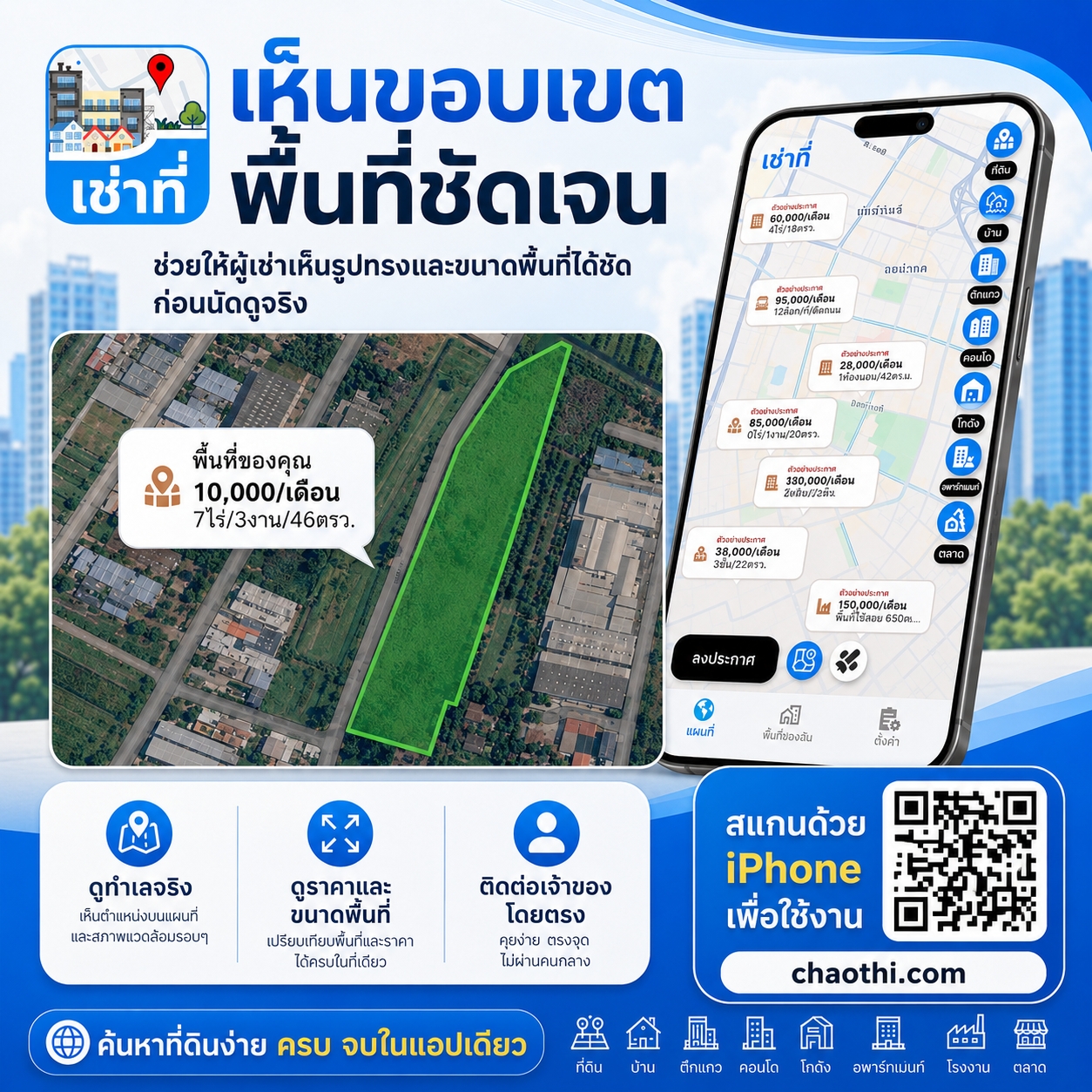 ตัวอย่างขอบเขตที่ดินบนแผนที่จริงในแอป เช่าที่